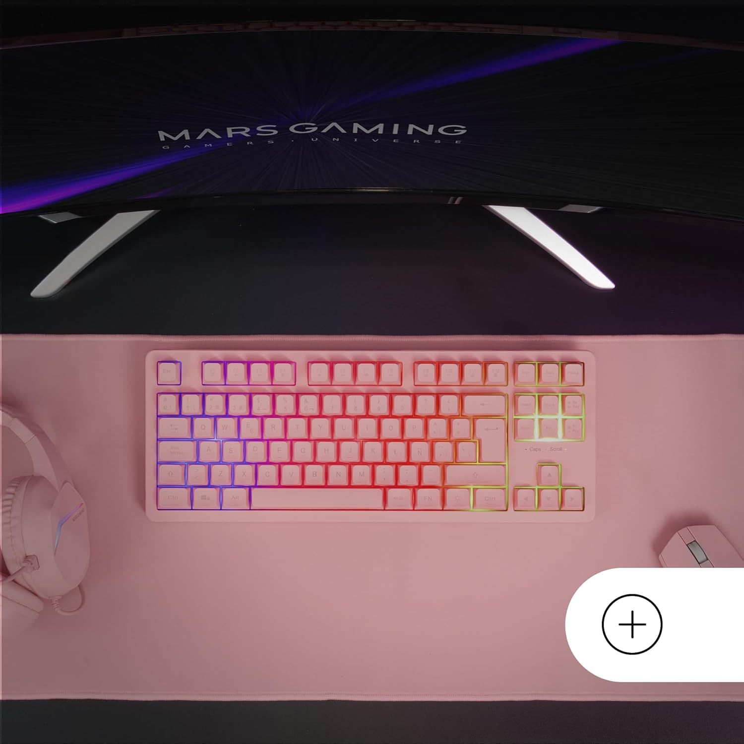 Mars Gaming MK023, Teclado Gaming TKL, Tecnología Híbrida H-Mech, Iluminación FRGB Rainbow, Anti-ghosting, Compatibilidad Universal, Rosa, Idioma Francés