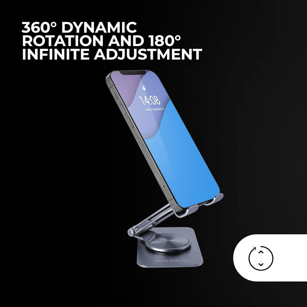 Mars Gaming MA-RSS, Soporte Plegable para Smartphone, Rotación Dinámica 360º + Ajuste en Altura y Ángulo 180º, Soporte Teléfono Móvil Portátil de Aluminio, Antideslizante, Gris Oscuro