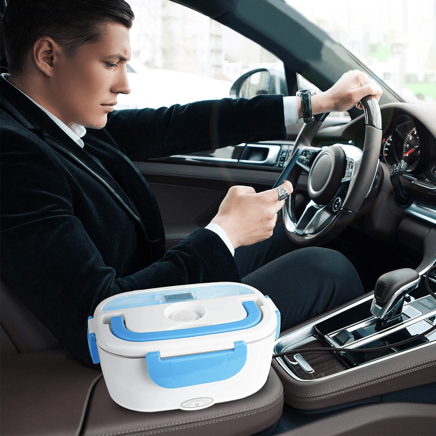 Caja Termica Portatil con 2 Compartimentos Extraibles y Bolsa Térmica, Lonchera Electrica con Asa de Transporte, 1L de Capacidad, Calienta en Pocos Minutos, Enchufe para Casa y Coche Incluido, Espacio para Cubiertos con Cuchara Incluida, Fácil Limpieza