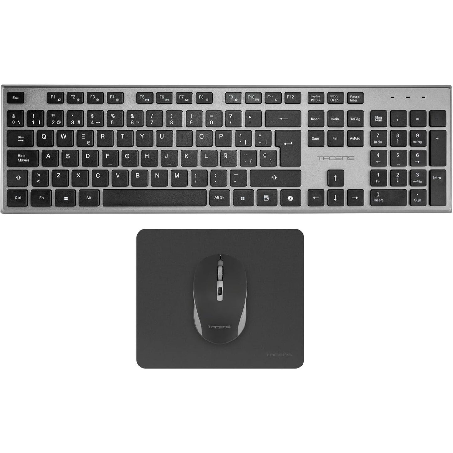 Tacens Zenith, Combo Inalámbrico 3en1 con Tecnología DualLink 2.4 GHz, Teclado Completo Full-Size con SmartKey Copilot AI, Ratón Óptico 3200 dpi, Alfombrilla Nanotextil, Idioma Español, Negro