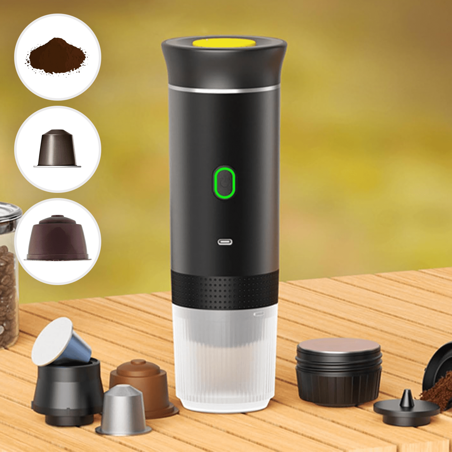 Maquina Café Espresso Portátil, Compatible con Cápsulas Pequeñas, Grandes y Café Molido, Fácil de Limpiar, Carga USB-C, Hasta 50 Cafés por cada Carga Completa, Compacto y Ligero Ideal para Fuera de Casa, Trabajo, Oficina, Viaje, Excursión