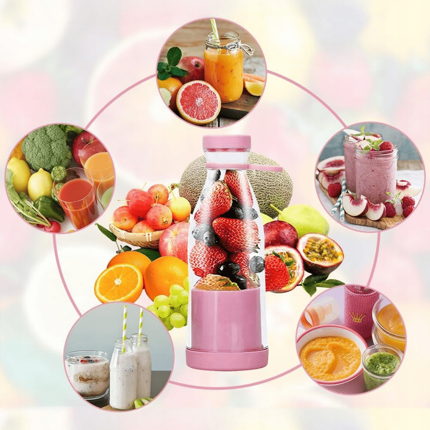 Botella Batidora de 300ml, 6 Cuchillas de Acero, Batería de 1200mAh, Cable de Carga USB, 40W de Potencia, Perfecto para Uso Diario y para Llevar, Para todo Tipo de Frutas y Verduras