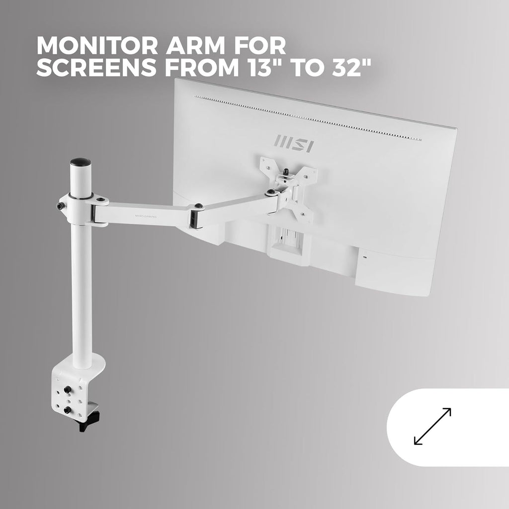 Mars Gaming MARM1, Soporte de Monitor de Brazo para Pantallas hasta 32”, Articulado y Regulable en Altura, Estructura Robusta, Compatible con VESA75 y VESA100, Blanco