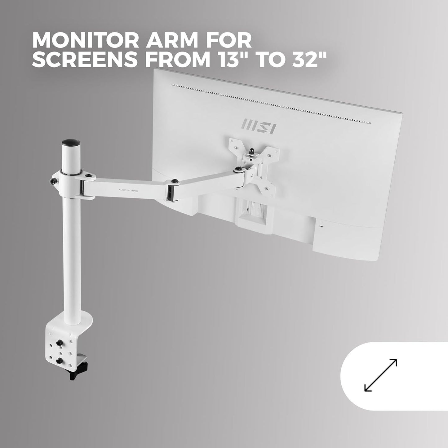 Mars Gaming MARM1, Soporte de Monitor de Brazo para Pantallas hasta 32”, Articulado y Regulable en Altura, Estructura Robusta, Compatible con VESA75 y VESA100, Blanco