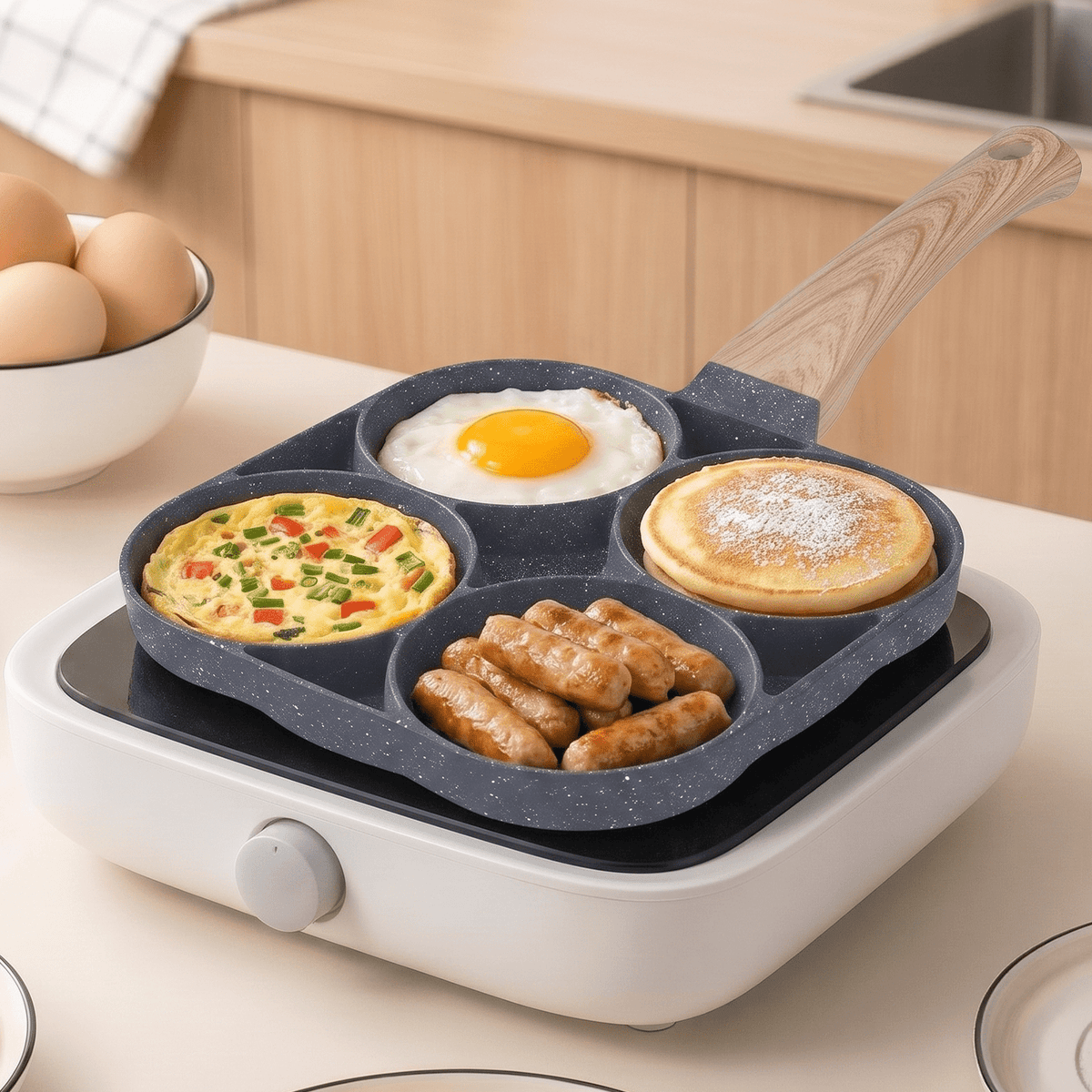Sartén de 4 Compartimentos, Fabricado en Aluminio de Alta Calidad, Fácil Limpieza, Revestimiento Antiadherente, Compatible con Todo Tipo de Cocinas, Perfecta para Huevos y Panqueques, 17 x 17cm
