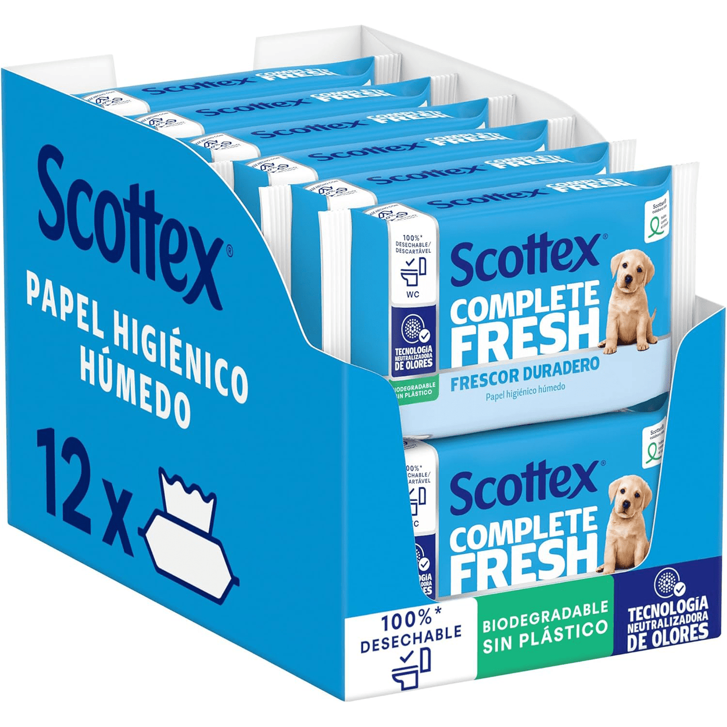 Scottex Toallitas Húmedas Desechables por el WC, Papel Higiénico Húmedo Fresh con Agua Micelar y Vitamina E, Biodegradable y Sin Plástico