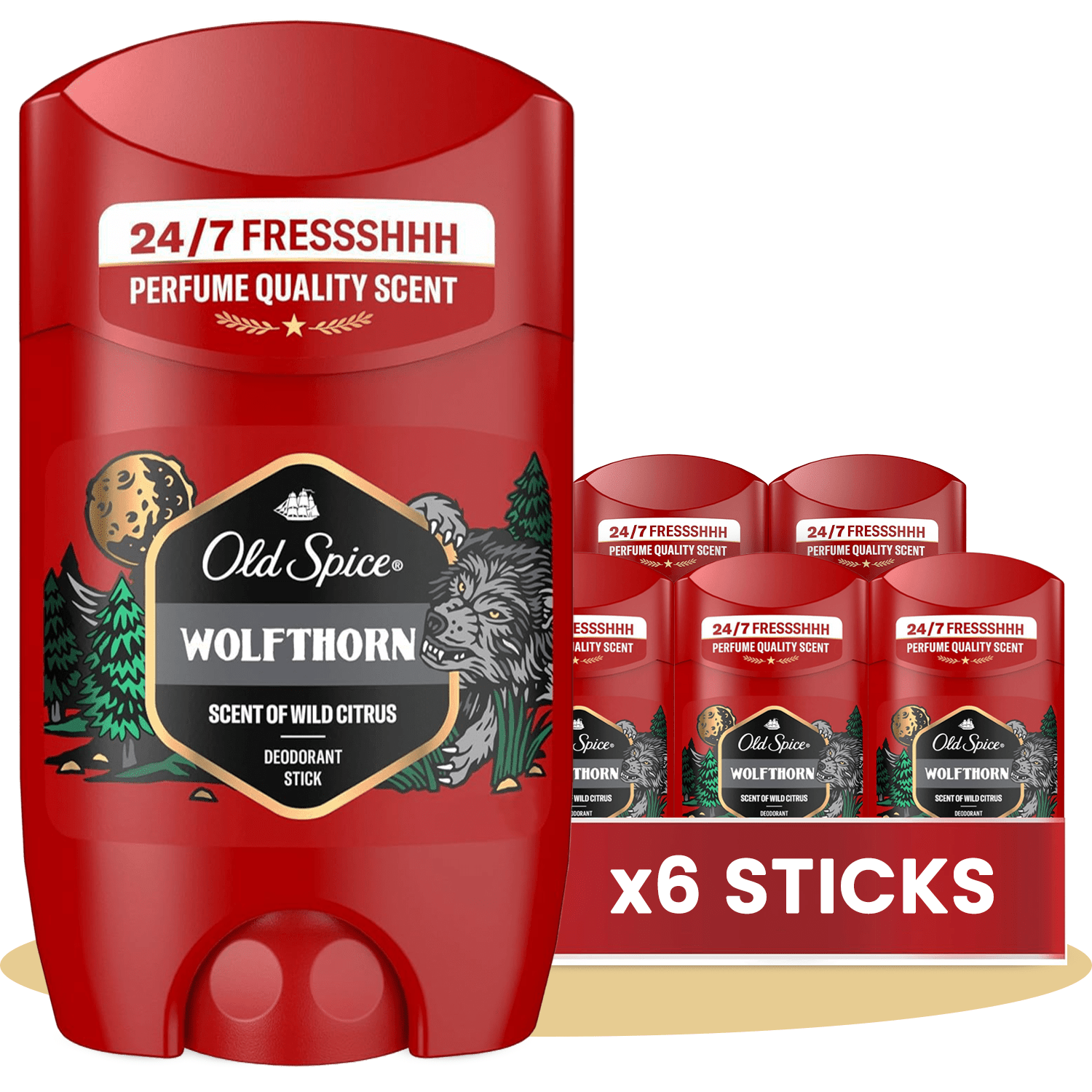 Old Spice Wolfthorn Pack 6 Desodorante en Barra Para Hombres, Fresco 24 Horas, Ideal para Uso Diario, Perfume Duradero, Sin Aluminio, Fragancia Excepcional a Cítricos Silvestres, Protección Contra El Mal Olor, 50ml por Barra
