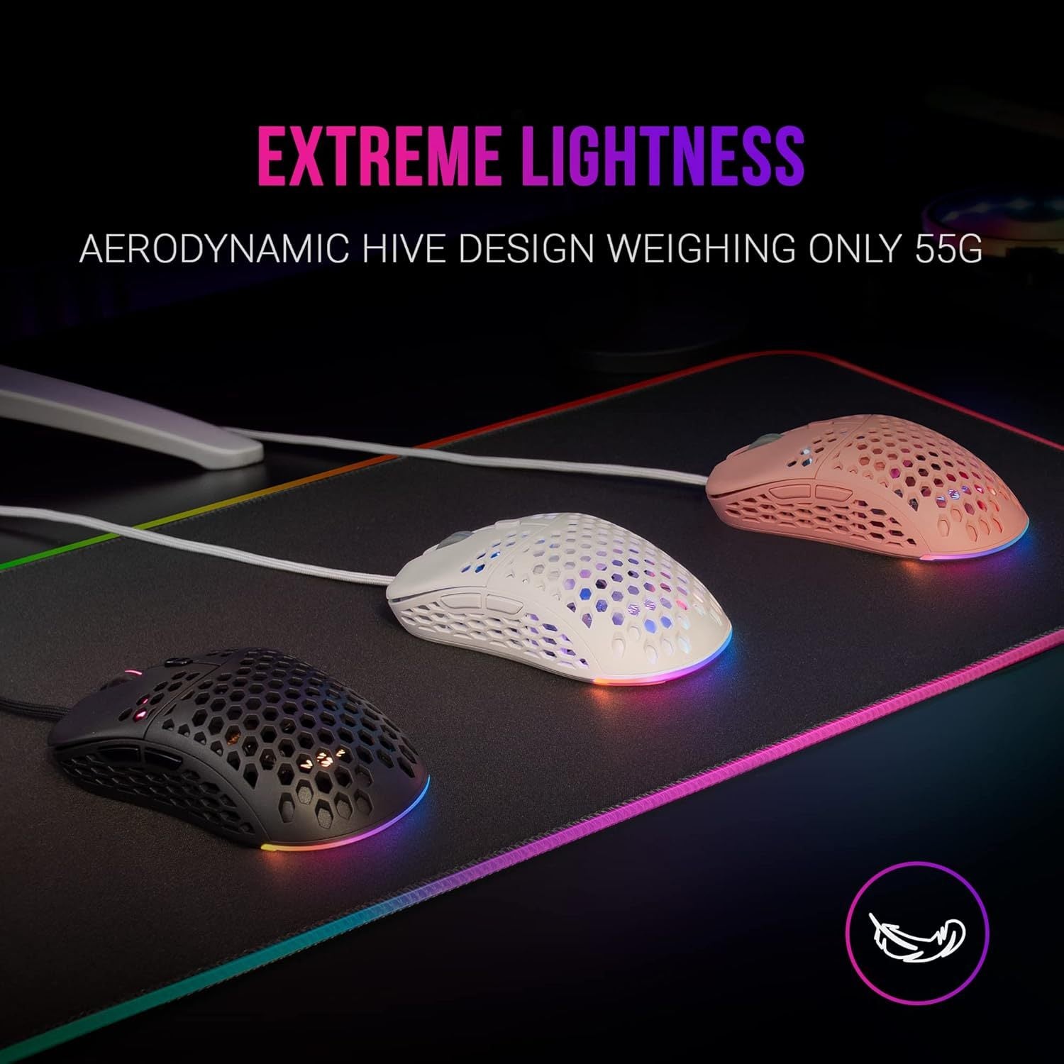 Mars Gaming MM55, Ratón Gaming RGB Chroma, Ultra-Ligero 55g, Sensor Óptico 12800 dpi, Switches Mecánicos Programables HUANO, Cable Paracord, Rosa