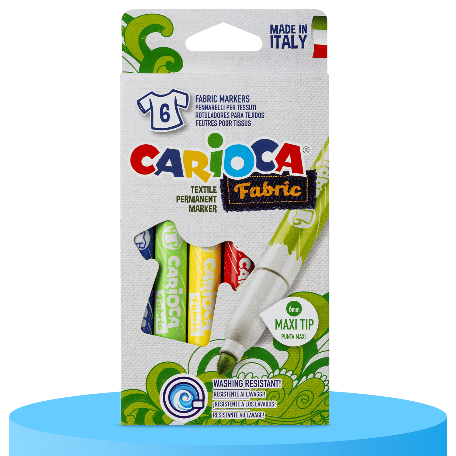 CARIOCA Rotuladores para Telas, Rotuladores Permanentes de Colores con Punta Gorda, Resistente al Lavado, Paquete de 6 Rotuladores