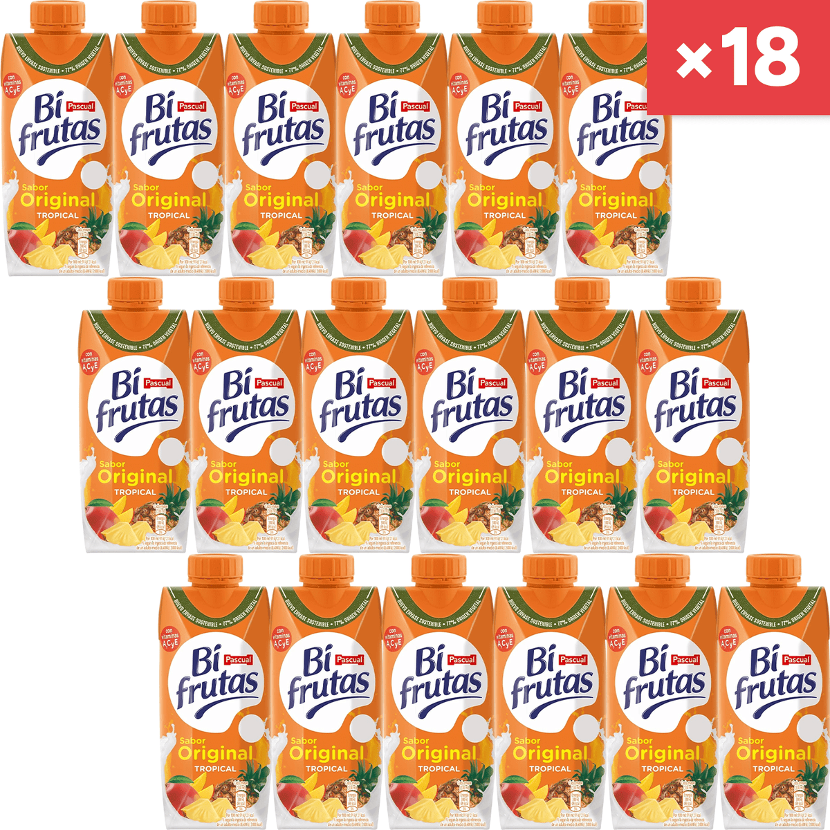 PASCUAL Bifrutas, Bebida Refrescante Sabor Tropical, Bebida de Leche, Zumo de Mango, Naranja y Piña, Pack 18 Zumos de 330ml