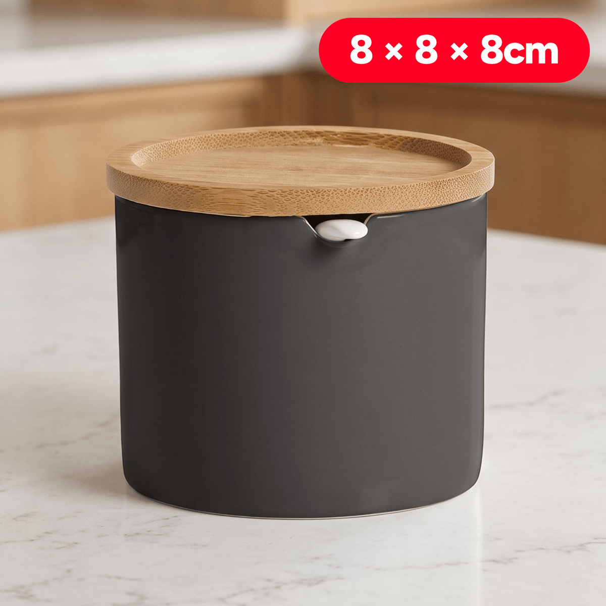 Azucarero Circular con Tapa y Cuchara, Azucarero Ceramica con Tapa de Bambú, Recipiente para Especias y Aliños, Negro, 8 x 8 x 8 cm