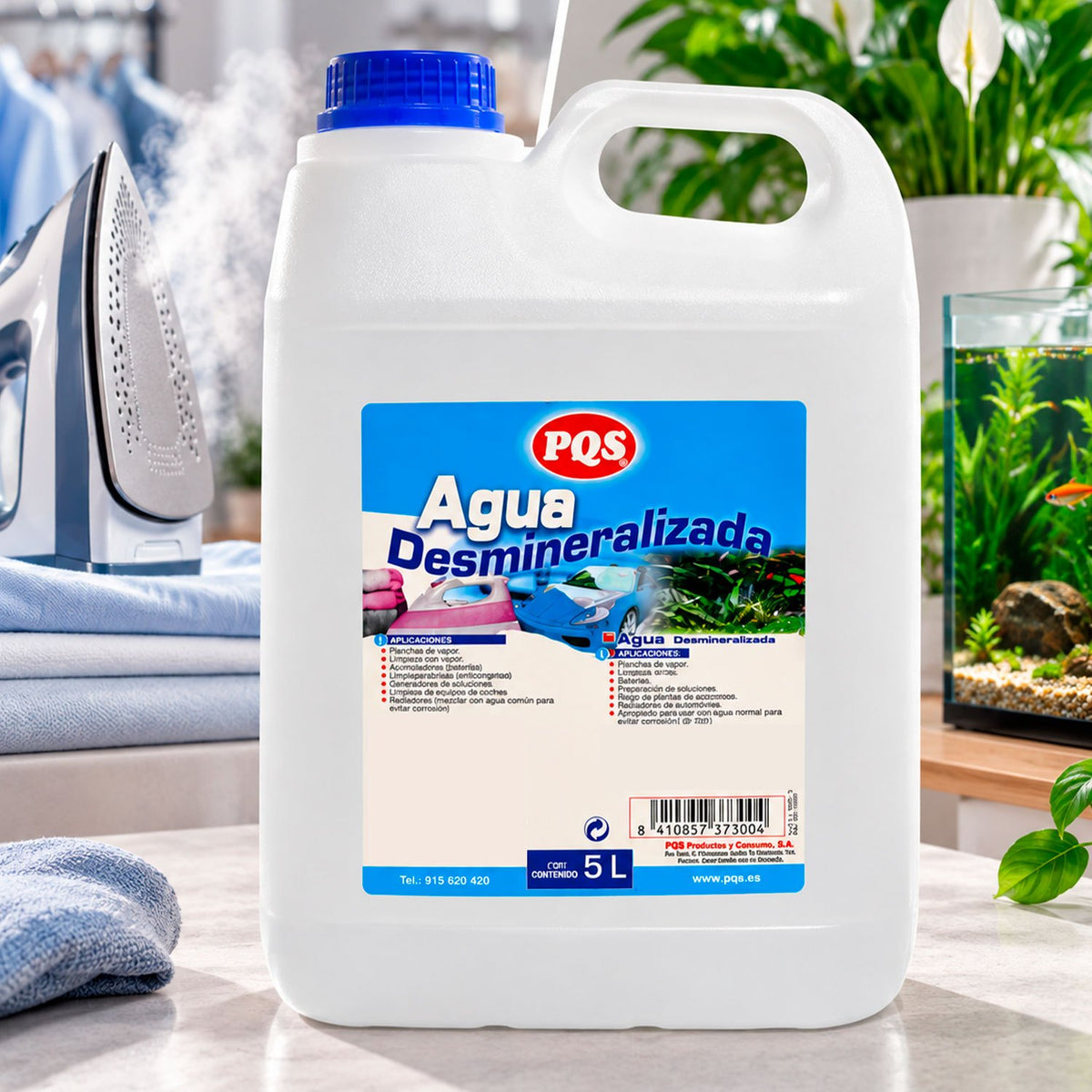 PQS Agua Desmineralizada, para Planchas de Vapor, Limpieza, Baterías, Limpiaparabrisas y Radiadores, Alta Pureza y Baja Conductividad, 5 L