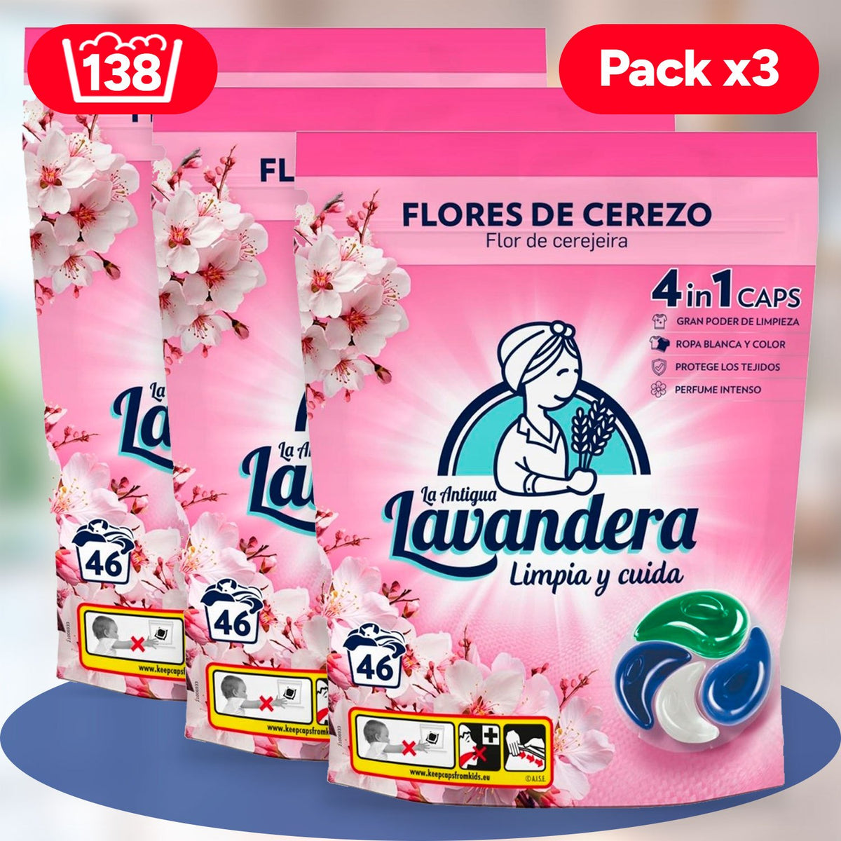 La Antigua Lavandera Detergente en Cápsulas 4 en 1 para Ropa, Aroma Flor de Cerezo, Pack de 3 Cajas de 46 Cápsulas Cada Una, 138 Cápsulas en Total