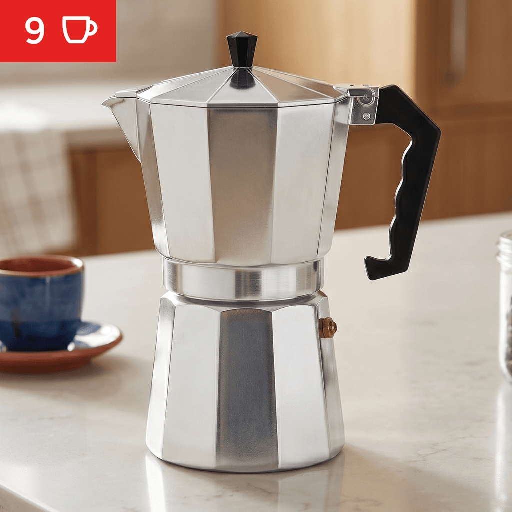 Cafetera Italiana 9 Tazas, Cafetera Italiana de Aluminio con Mango Ergonómico, Compatible con Cocina de Gas, Vitrocerámica e Inducción, Válvula de Seguridad