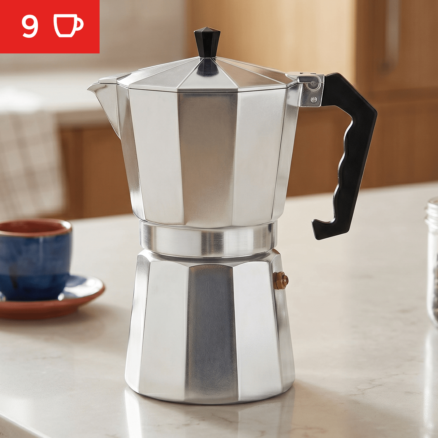 Cafetera Italiana 9 Tazas, Cafetera Italiana de Aluminio con Mango Ergonómico, Compatible con Cocina de Gas, Vitrocerámica e Inducción, Válvula de Seguridad