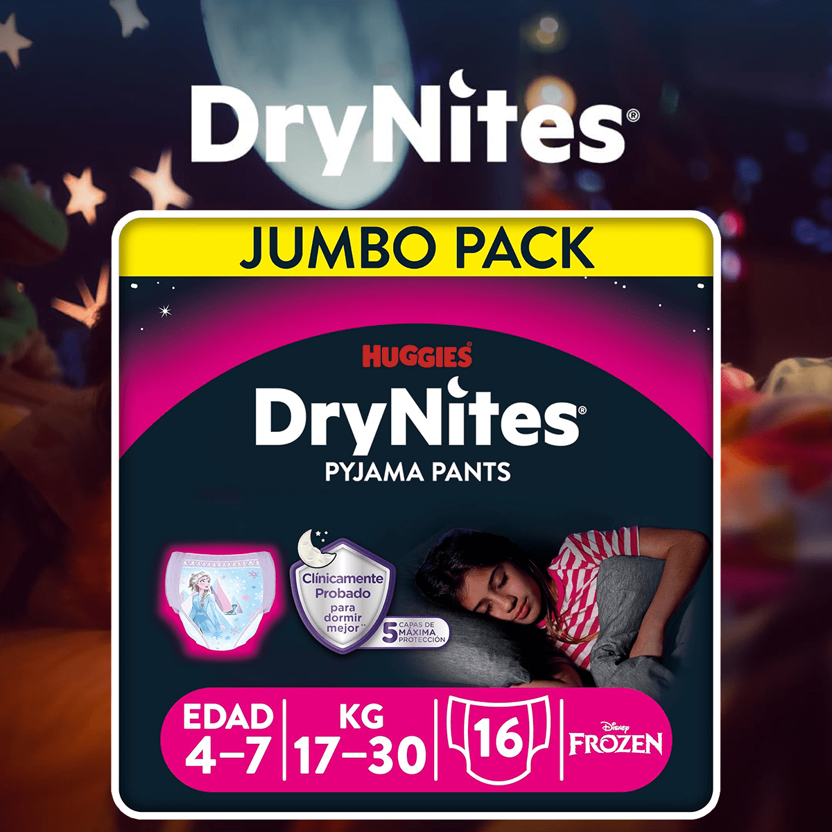 HUGGIES Dry Nites Bragas Absorbentes Niña, Clínicamente Probado con 5 capas de Máxima Protección Nocturna, Hasta un 100% de Noches Secas, Diseñados para parecer y sentirse como Ropa Interior de verdad, Pañales de Noche