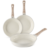 Set 3 Sartenes Cocina Antiadherente, Sartenes de Aluminio de Alta Resistencia con Revestimiento Antiadherente efecto Mármol Blanco, Base de Inducción y Mangos de Baquelita Estilo Madera, Ø20/Ø24/Ø28cm