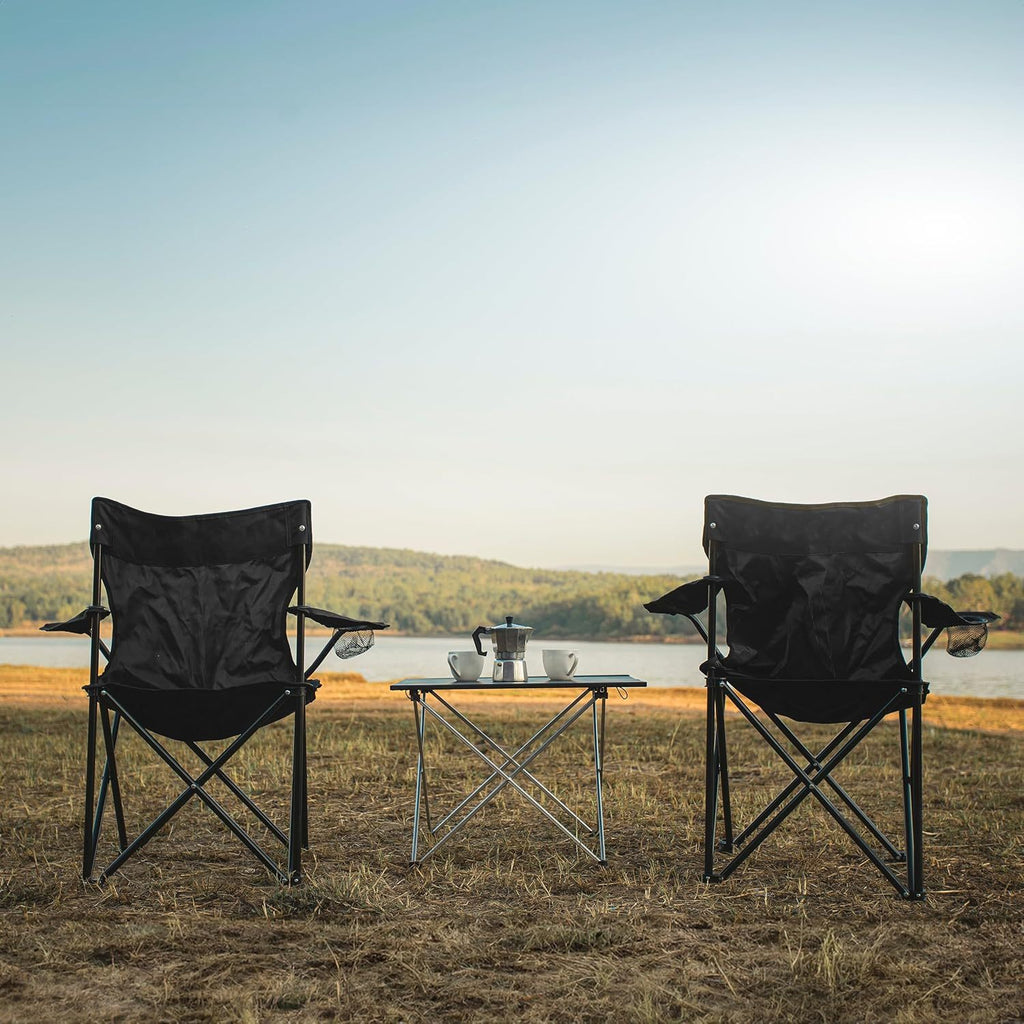 Pack x2 Sillas Plegables Camping con Respaldo y Apoyabrazos para Exterior, Acampada, Pescar y Picnic de 50 x 50 x 80 cm, Resistente y Compacta, Soporta hasta 120kg, Negro