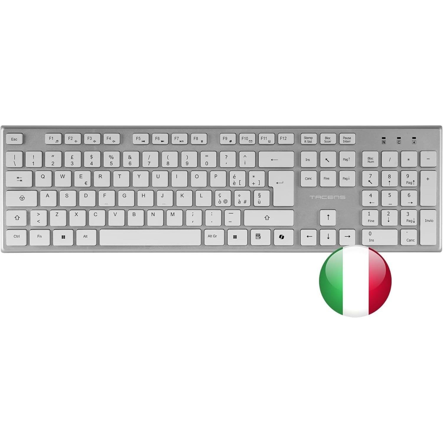 Tacens Zenith, Combo Inalámbrico 3en1 con Tecnología DualLink 2.4 GHz, Teclado Completo Full-Size con SmartKey Copilot AI, Ratón Óptico 3200 dpi, Alfombrilla Nanotextil, Idioma Italiano, Blanco