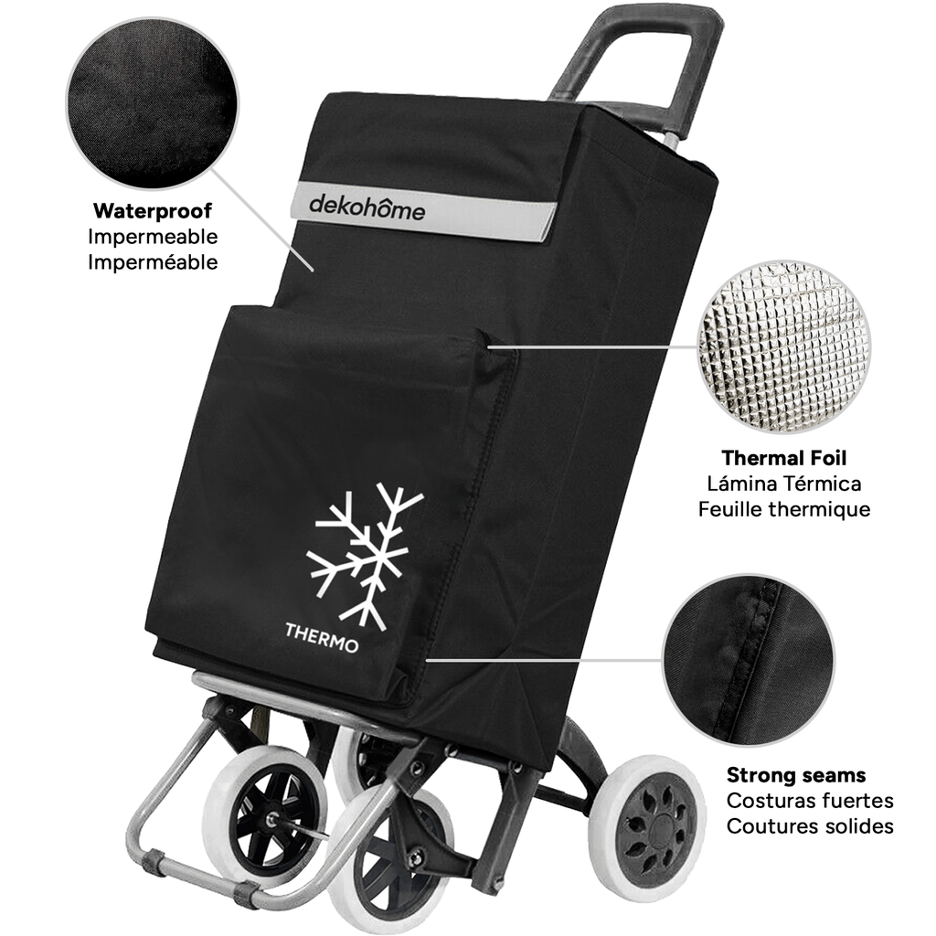 Carro Compra Plegable 4 Ruedas con Bolsillo Térmico para Congelados, Carro Plegable con Ruedas, 54 Litros de Capacidad y 40 Kg de Carga Máxima, Compartimentos Extra, Ruedas Grandes Resistentes para Facilitar el Movimiento y el Transporte del Peso