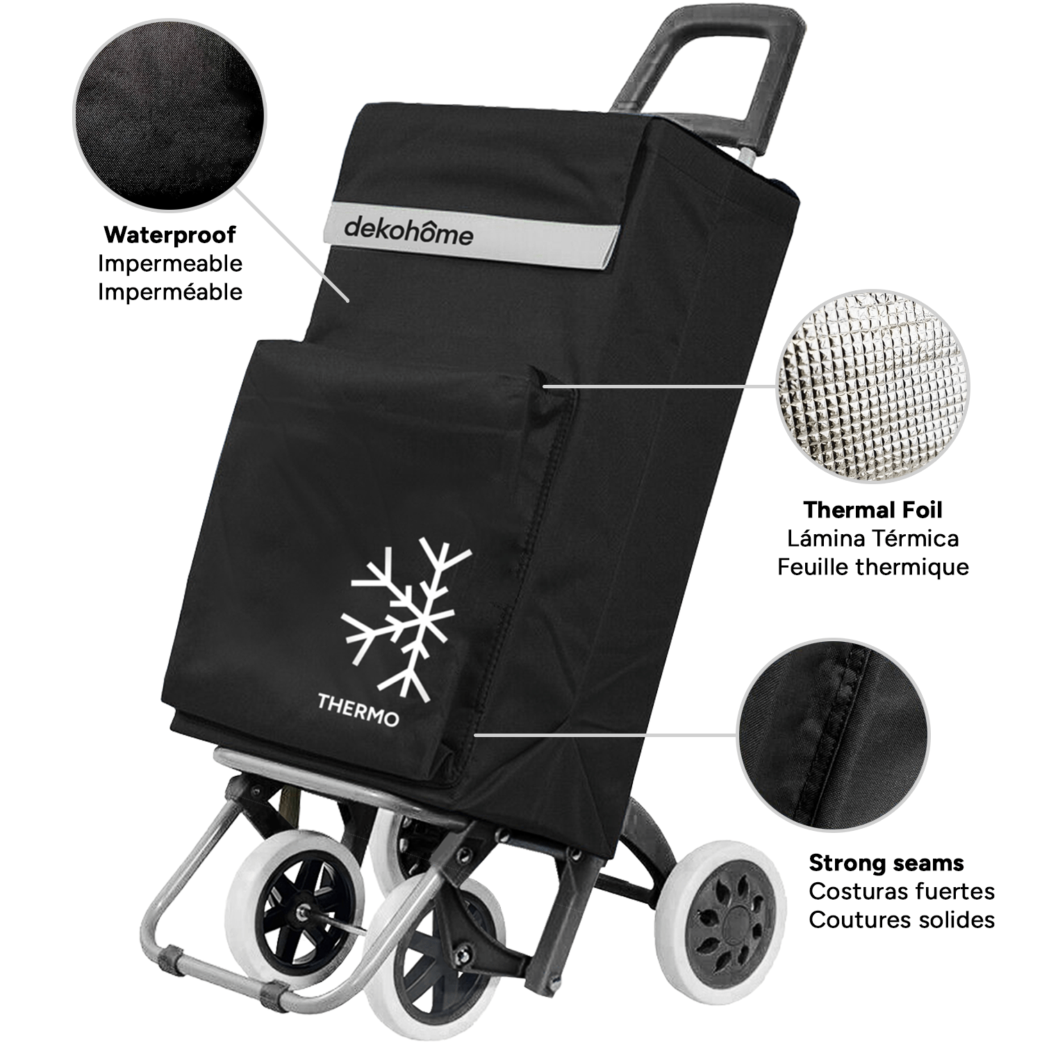 Carro Compra Plegable 4 Ruedas con Bolsillo Térmico para Congelados, Carro Plegable con Ruedas, 54 Litros de Capacidad y 40 Kg de Carga Máxima, Compartimentos Extra, Ruedas Grandes Resistentes para Facilitar el Movimiento y el Transporte del Peso