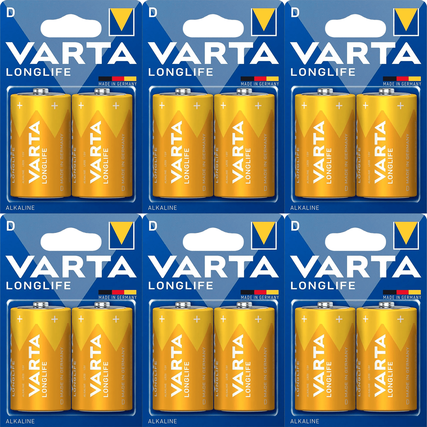 Pilas D Alcalinas de Alto Rendimiento, VARTA Longlife, Ultra Larga Duración, Energía Potente y Continua, Ideal para Linternas de Alto Consumo, Radios Portátiles, Juguetes Grandes, Equipos de Sonido y Dispositivos Industriales - VARTA