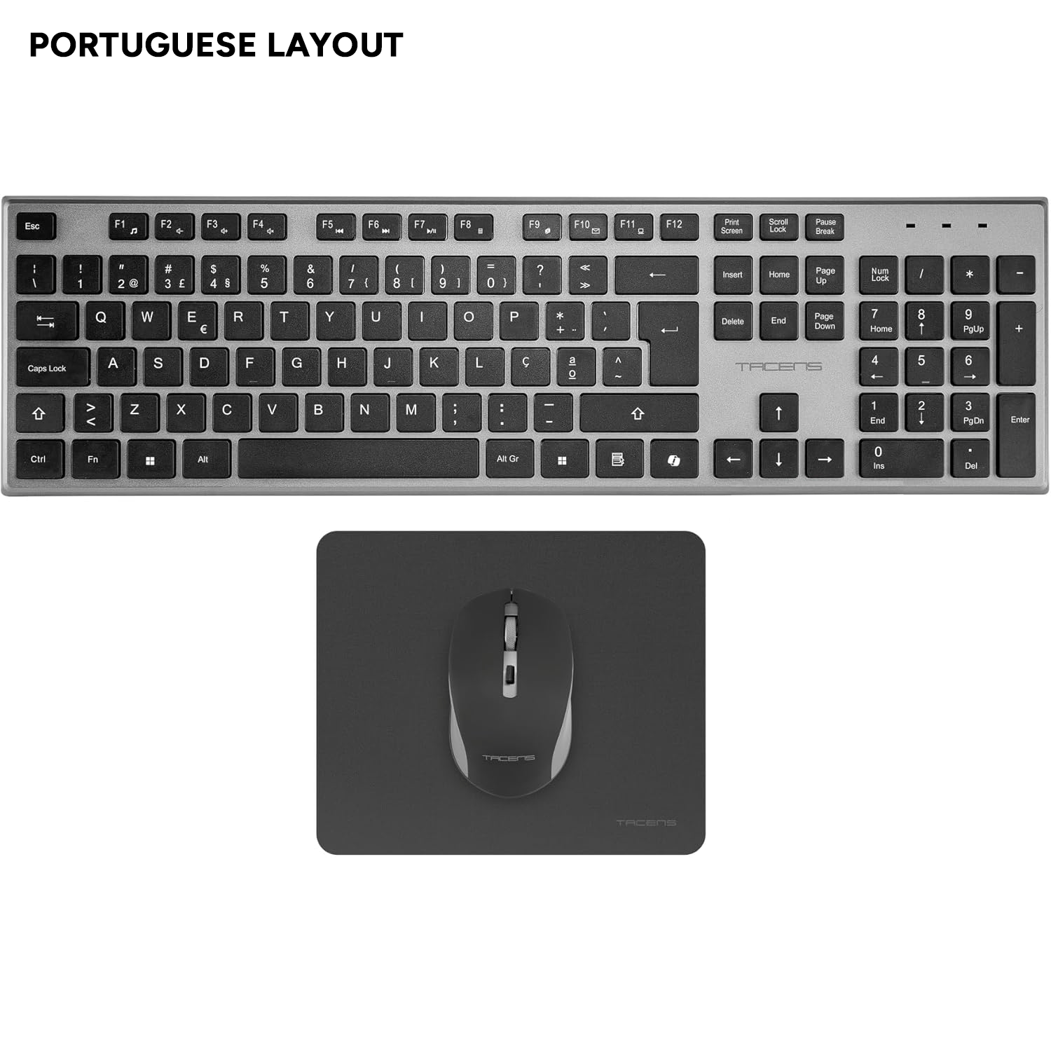 Tacens Zenith, Combo Inalámbrico 3en1 con Tecnología DualLink 2.4 GHz, Teclado Completo Full-Size con SmartKey Copilot AI, Ratón Óptico 3200 dpi, Alfombrilla Nanotextil, Idioma Portugués, Negro