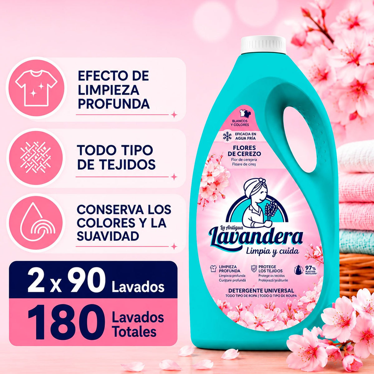 La Antigua Lavandera Detergente Líquido para Ropa, Aroma Flor de Cerezo, Pack de 2 Botellas de 90 Lavados Cada Una, 180 Lavados en Total