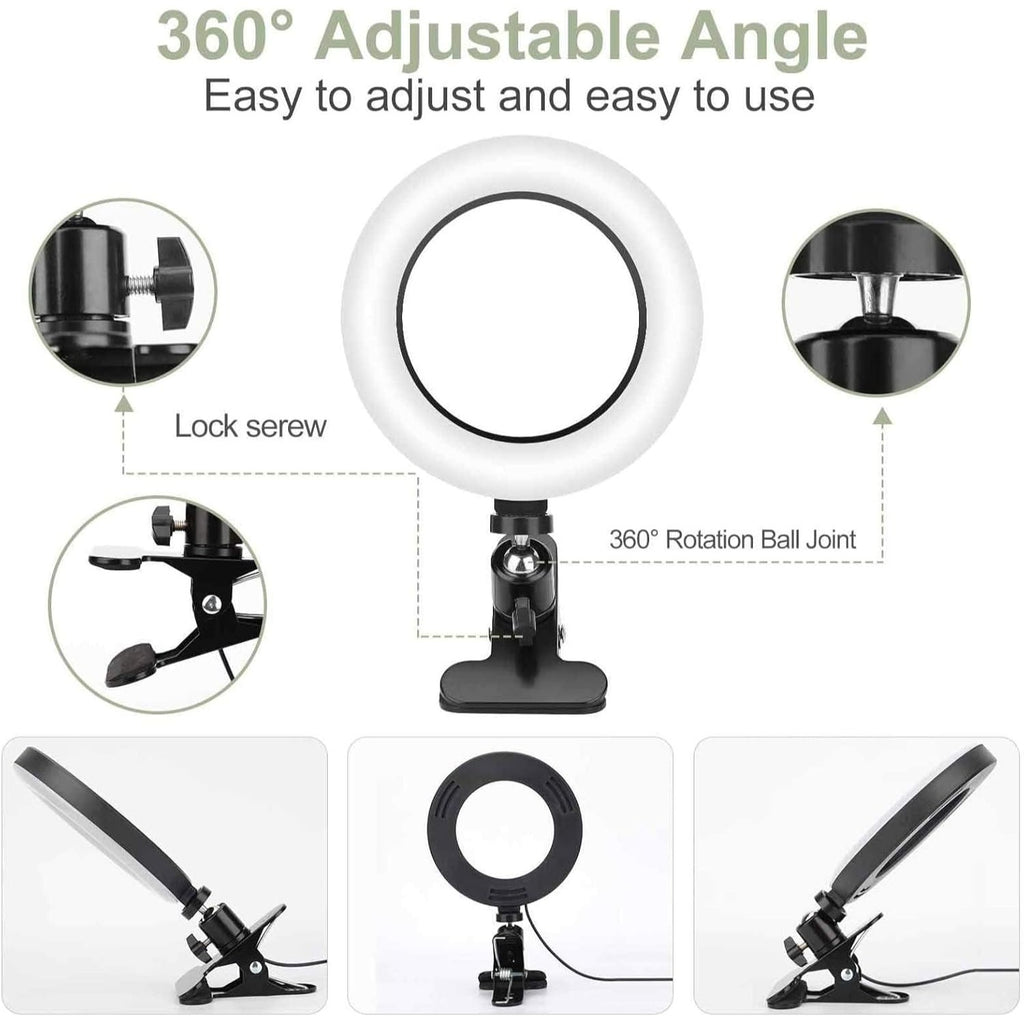 Aro de Luz con Pinza, Anillo De Luz para Selfies, 15 cm de Diámetro, Pinza de Sujección, Varios Niveles de Luz y Color Graduables, Conexión con Cable USB, Ideal para Vídeo y Fotografía, Plástico ABS y PS