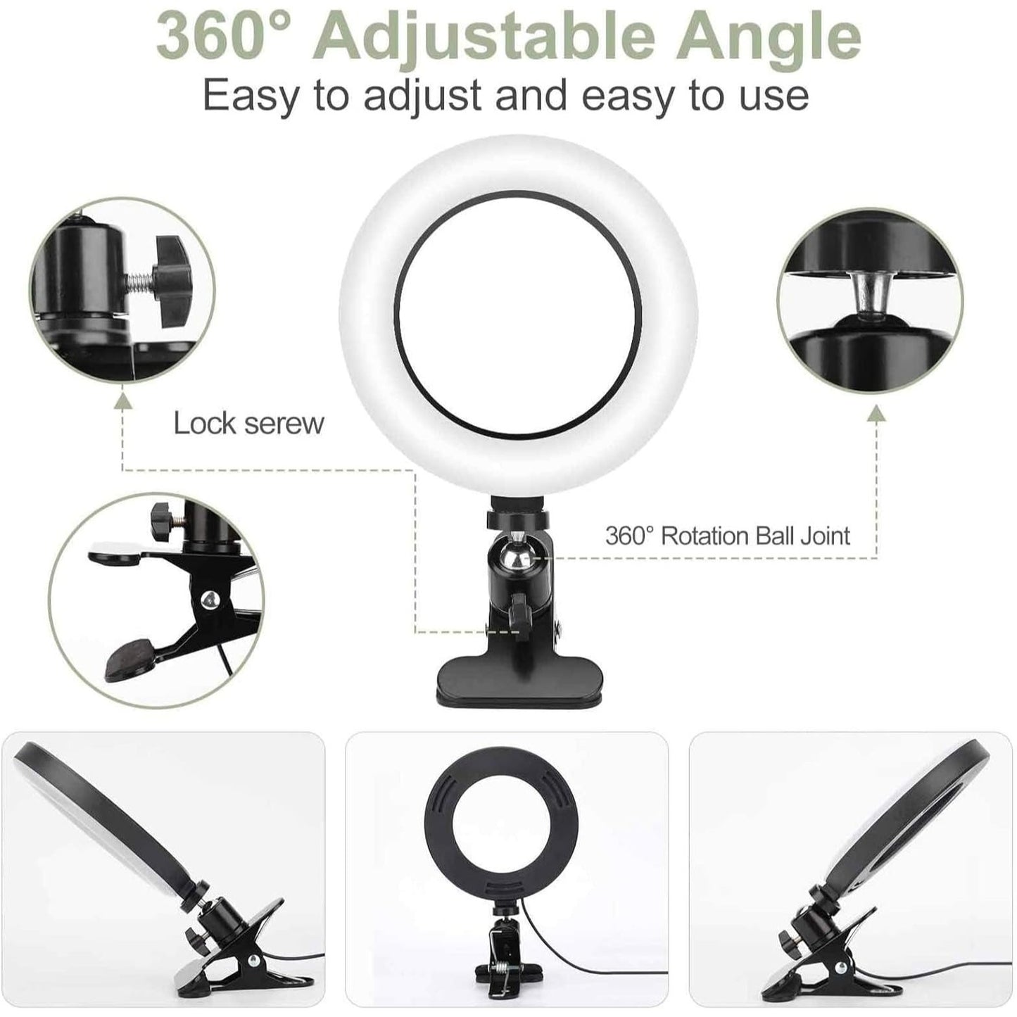 Aro de Luz con Pinza, Anillo De Luz para Selfies, 15 cm de Diámetro, Pinza de Sujección, Varios Niveles de Luz y Color Graduables, Conexión con Cable USB, Ideal para Vídeo y Fotografía, Plástico ABS y PS