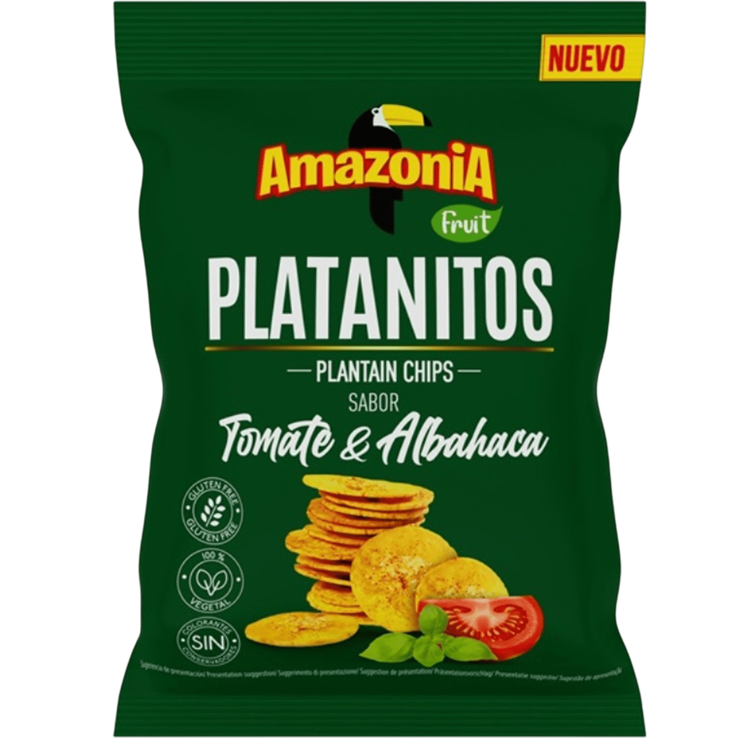 Amazonia Platanitos Sabor Tomate y Albahaca, Chips de Platano Sin GLuten, Sin Colorantes ni Conservantes, 75g cada Paquete