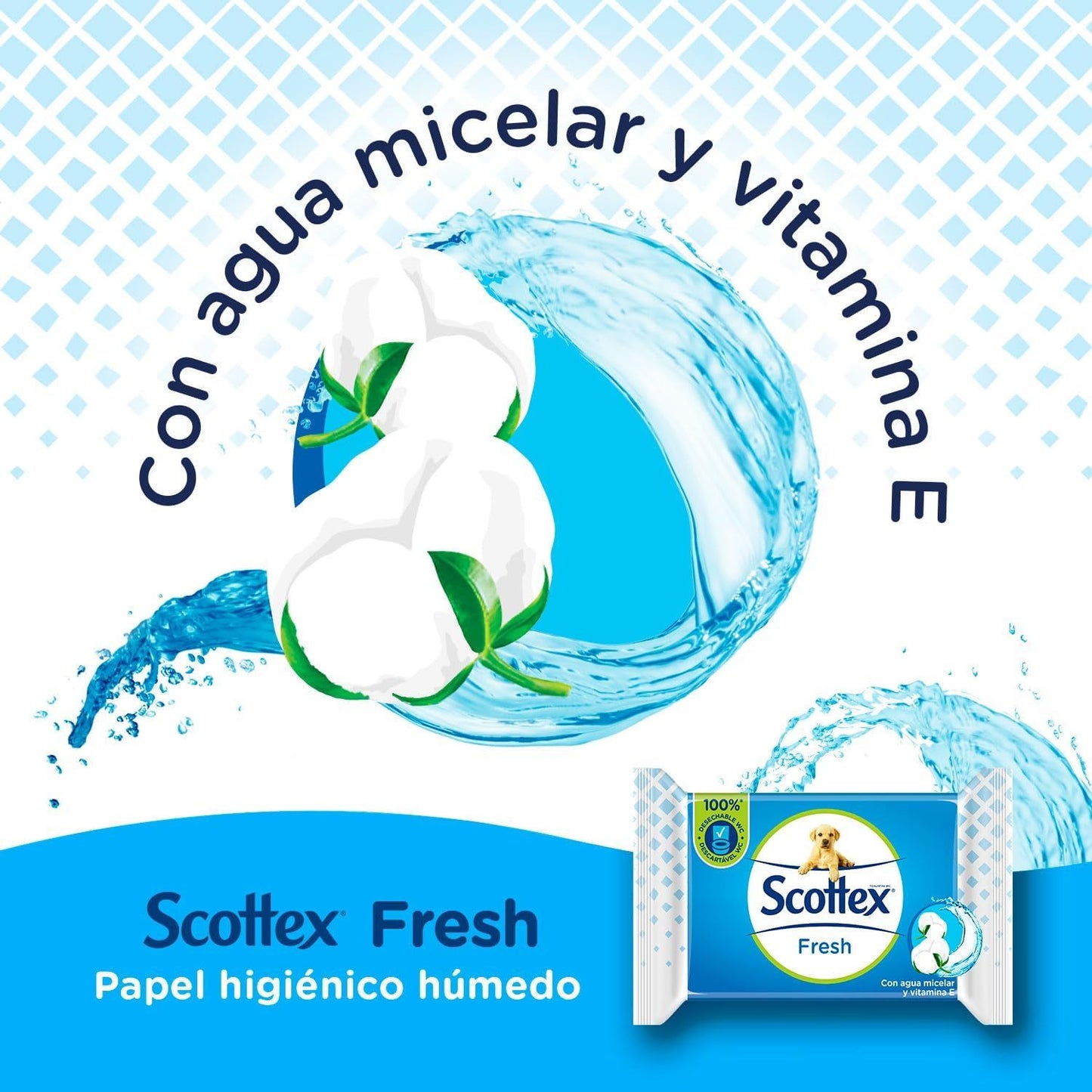 Scottex Toallitas Húmedas Desechables por el WC, Papel Higiénico Húmedo Fresh con Agua Micelar y Vitamina E, Biodegradable y Sin Plástico