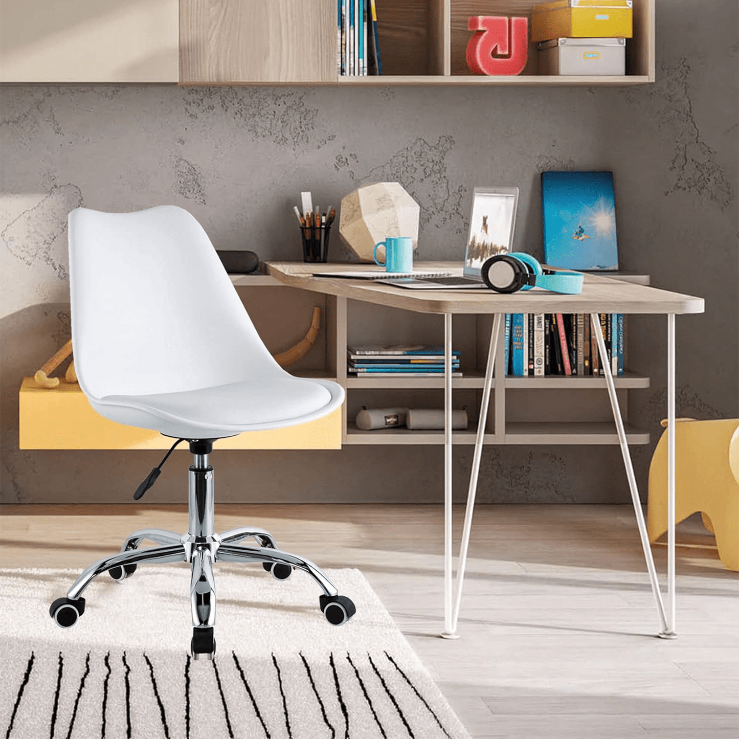 Silla Escritorio Ergonómica con Ruedas, Silla Oficina Giratoria con Altura Ajustable, Acolchada, Estilo Nórdico, Ideal para Estudio y Oficina