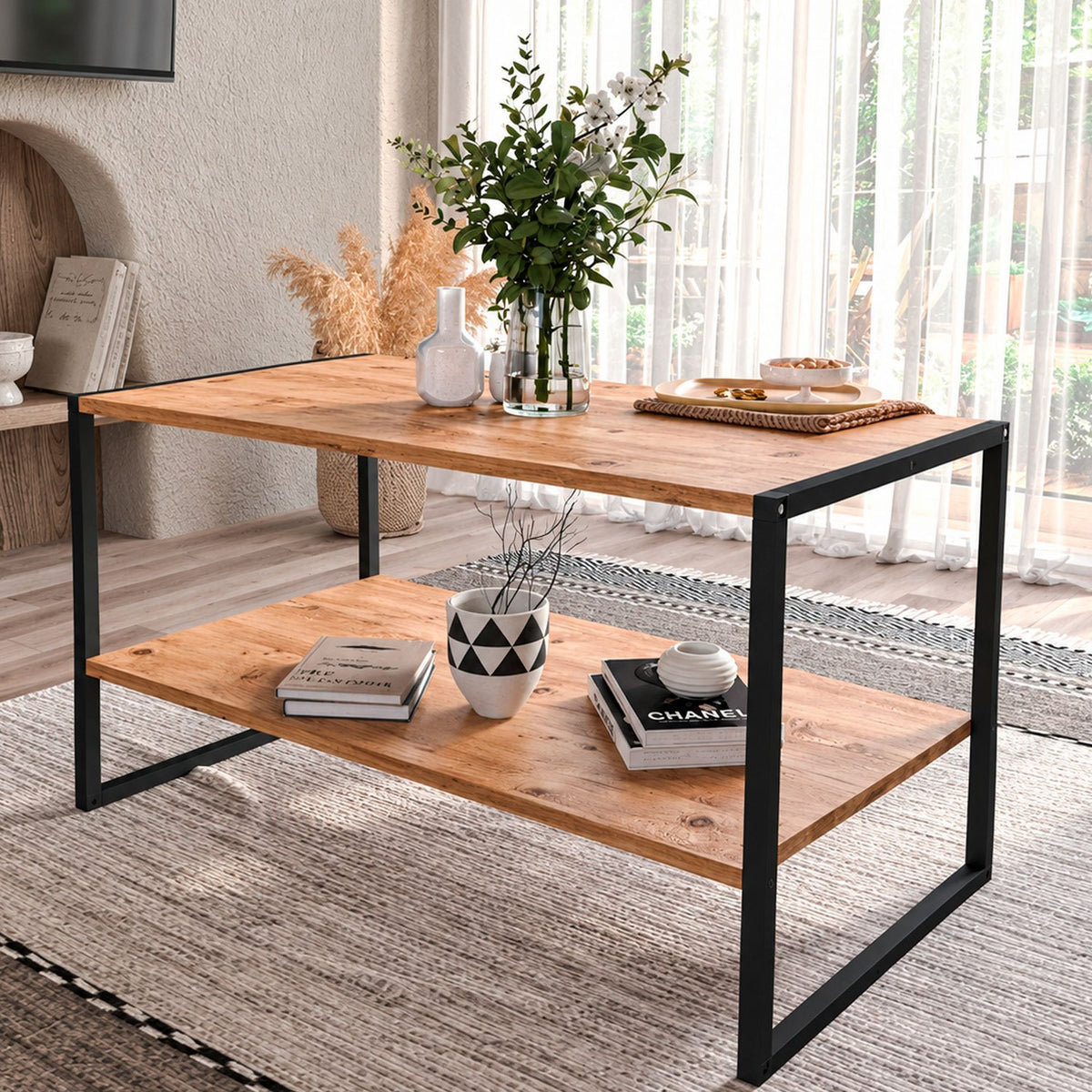 Mesa de Centro de Madera y Metal, para Salón y Sala de Estar, Diseño Rectangular con Estante Inferior para Almacenamiento, Acabado Madera con Estructura Negra, 90 x 50 x 50 cm