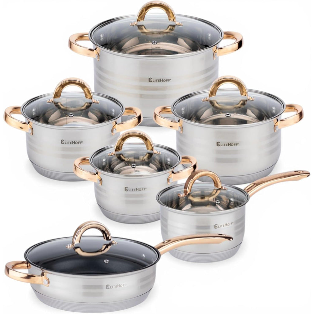 Batería de Cocina 12 Piezas, Juego de Ollas, Cazo y Sartén de Acero Inoxidable, Tapas Incluidas, Apto para Lavavajillas, Apto para Cocina Eléctrica, Gas, Vitrocerámica e Inducción
