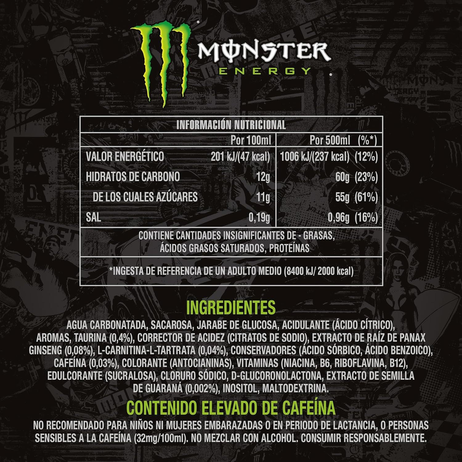 MONSTER ENERGY Bebida Energética, Refresco Energético, Pack 4 Latas de 500ml