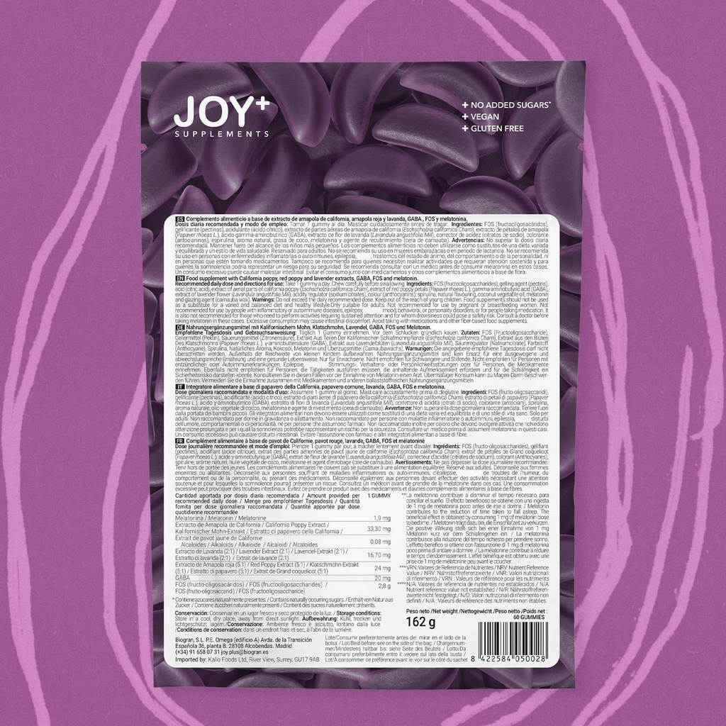 Gominolas para Dormir con Melatonina, Lavanda, Amapola California, Amapola Roja y GABA, Sabor Arándanos, 60 Gummies - Joy+ Supplements