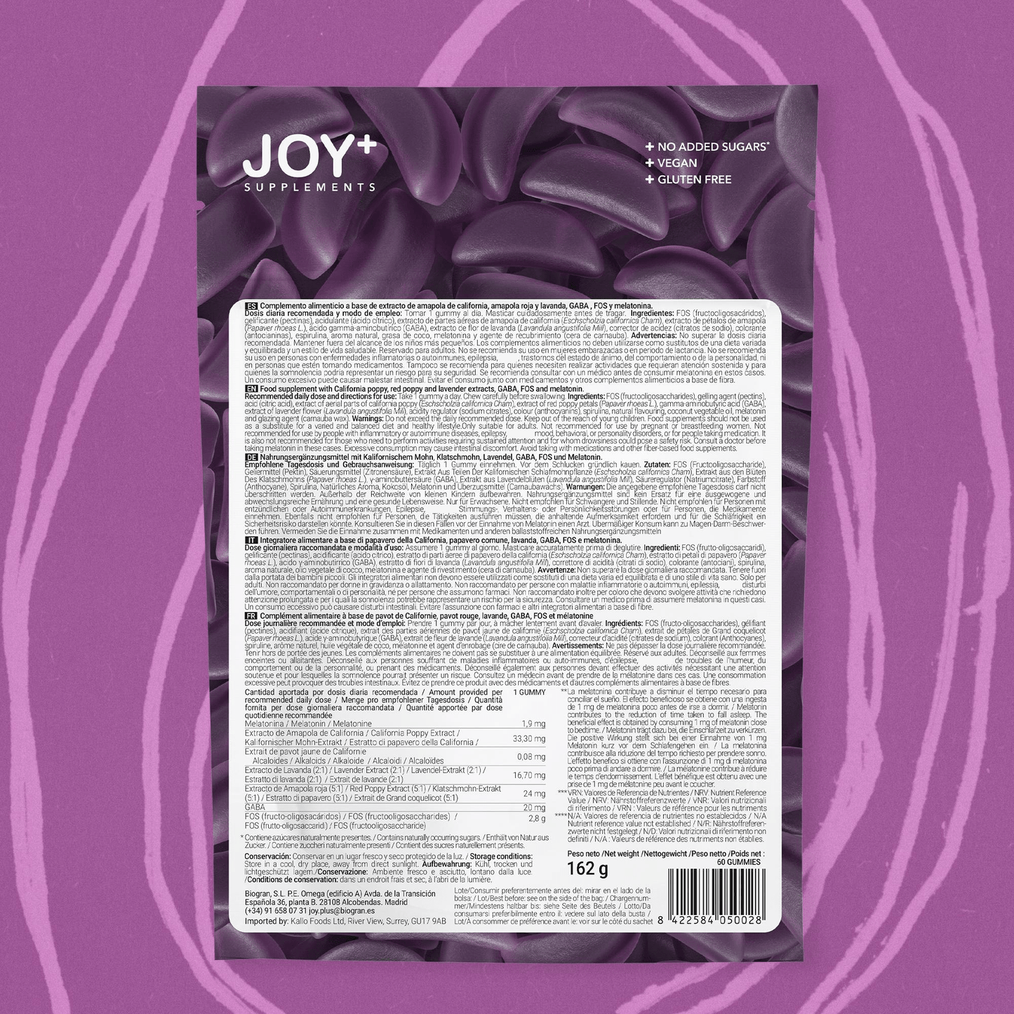 Gominolas para Dormir con Melatonina, Lavanda, Amapola California, Amapola Roja y GABA, Sabor Arándanos, 60 Gummies - Joy+ Supplements