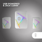 Mars Gaming MS-H21, Altavoces Gaming RGB 2.1 y Subwoofer 35W, Sistema Drivers Invertidos 3D Surround, Altavoces Compactos con Iluminación Dinámica RGB, Alimentación USB y Conector Jack 3.5mm, Blanco