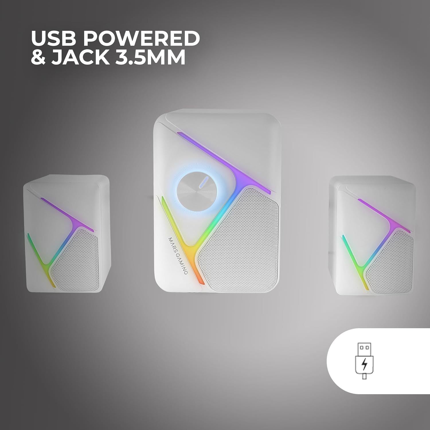 Mars Gaming MS-H21, Altavoces Gaming RGB 2.1 y Subwoofer 35W, Sistema Drivers Invertidos 3D Surround, Altavoces Compactos con Iluminación Dinámica RGB, Alimentación USB y Conector Jack 3.5mm, Blanco
