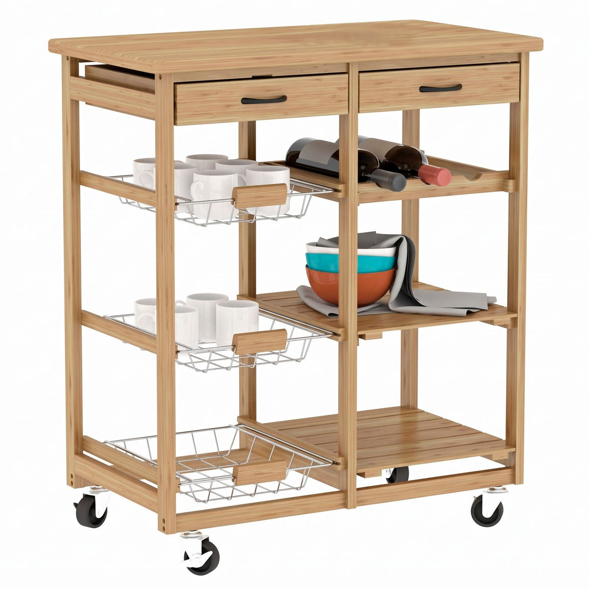 Carro Auxiliar de Cocina de Bambú con Ruedas, Carrito Organizador con 2 Cajones, Estantes y Cestas Extraíbles, Diseño Multifuncional para Almacenamiento y Servicio, 68 x 37 x 75 cm