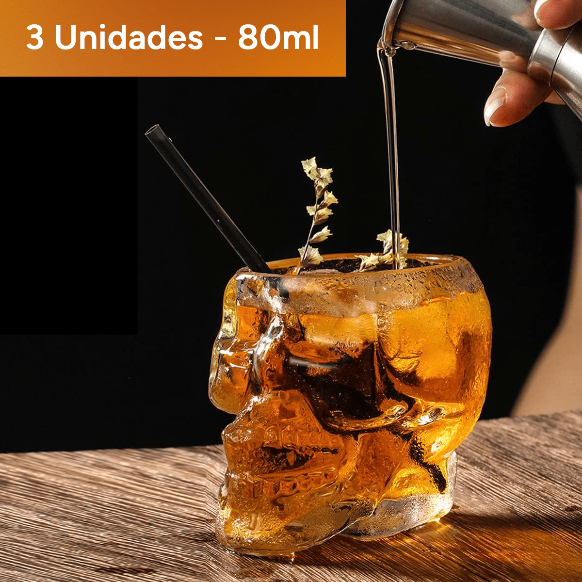 x3 Vaso Calavera de Cristal, Muy Resistentes, Base Gruesa y Estable, Forma de Calavera 3D, 3 unidades 80ml
