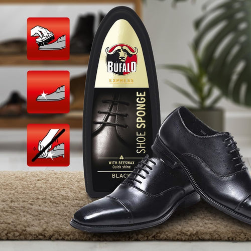 Búfalo Esponja Limpieza Zapato Autobrillante, Limpieza, Brillo y Color Inmediato, Especialmente Indicado para Calzado con Pieles Lisas, Color Negro, 70 Aplicaciones Aprox