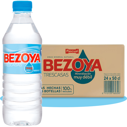 BEZOYA 24 Botellas 50cl (0,5L) de Agua Mineral Natural de Mineralización Muy Débil, para Sala de Reuniones, Oficina y Despensa
