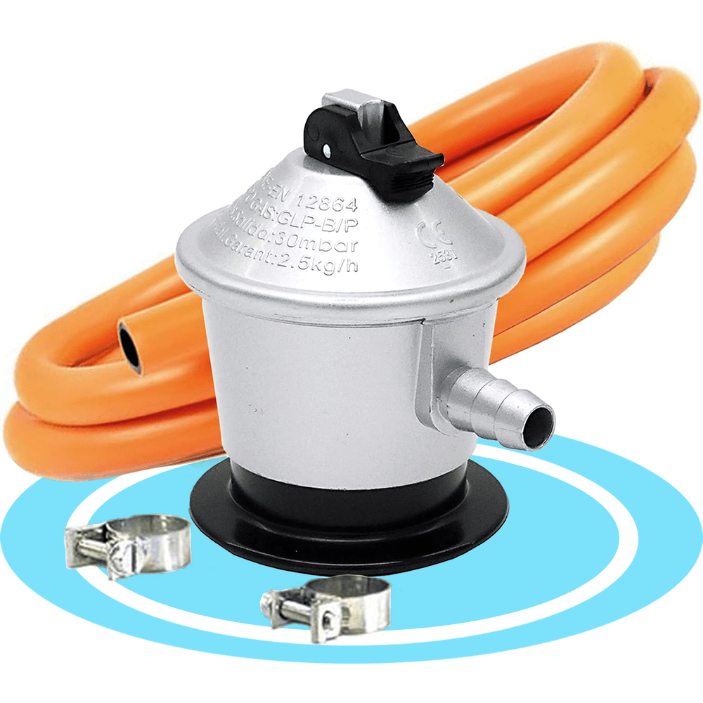Regulador de Gas Butano con Válvula de Seguridad, con Certificación Europea y Española, 30mbar, 7x7x10 cm
