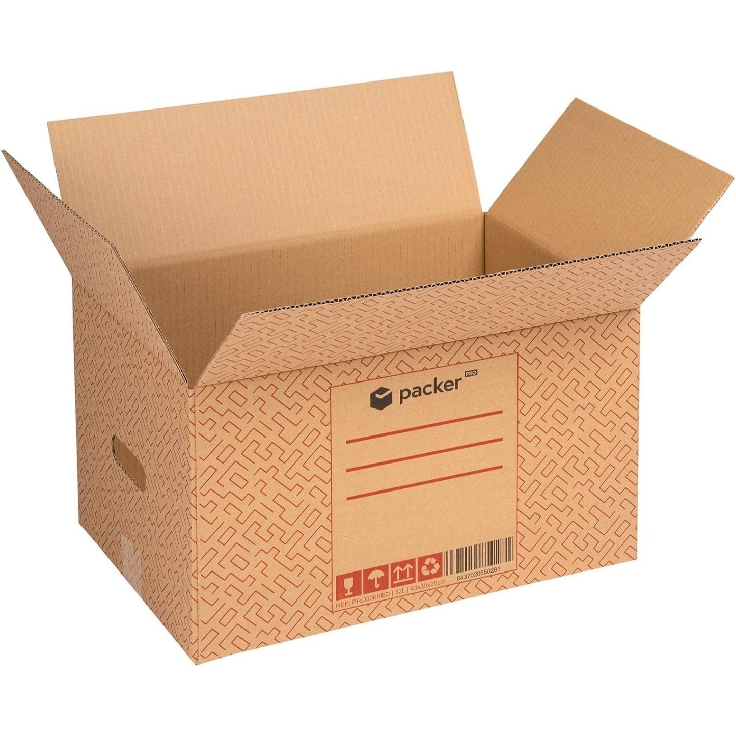 packer PRO Caja Cartón para Mudanzas y Almacenaje Ultra Resistentes con Asas, Fabricadas en Cartón Duro, Ideal para Mudanzas o Almacenaje de Libros y Ropa, Transporte Cómodo y Seguro gracias a las Asas Laterales
