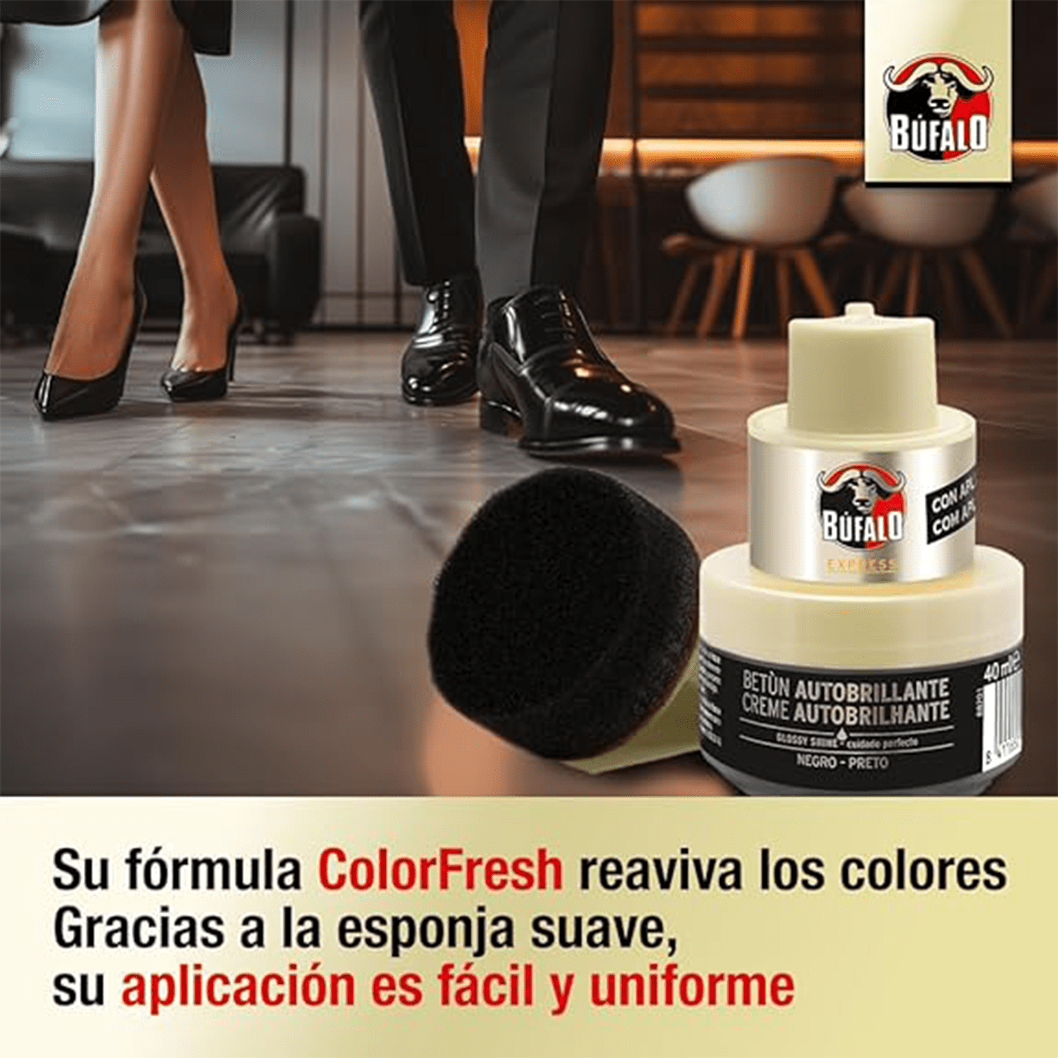 Búfalo Betún Calzado Autobrillante color Negro, Crema para Zapatos, Aporta Color y Brillo, Esponja Integrada, 40 ml