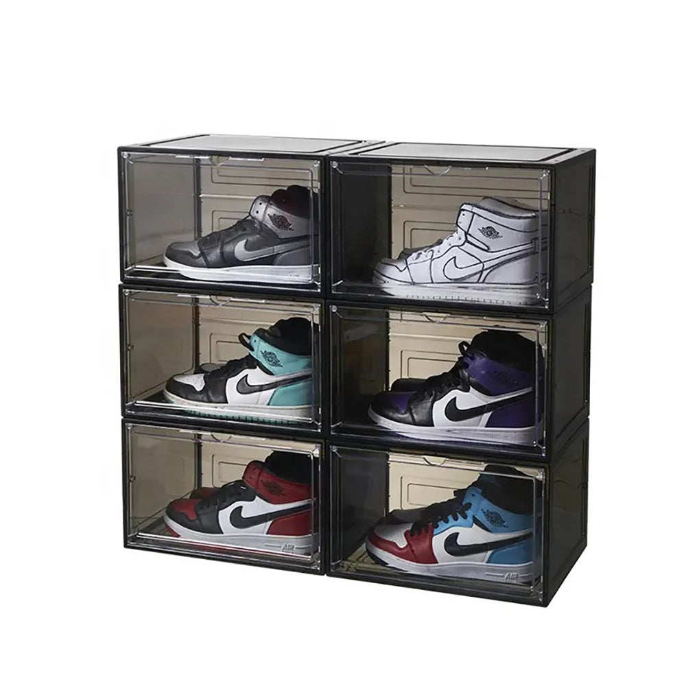 Zapateros Organizador de Plástico, Set de 4 Cajas de Zapatos de Plástico Apilables, Montaje Fácil y Rápido, Puerta Transparente Magnética, Dimensión de cada Caja: 36 x 28 x 22 cm