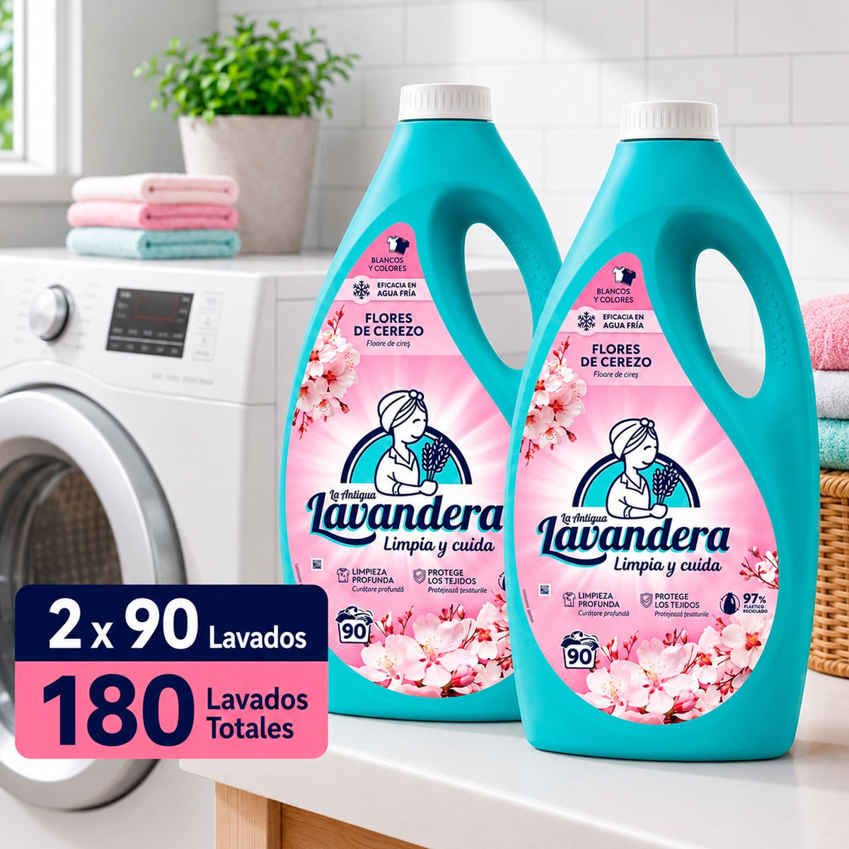 La Antigua Lavandera Detergente Líquido para Ropa, Aroma Flor de Cerezo, Pack de 2 Botellas de 90 Lavados Cada Una, 180 Lavados en Total