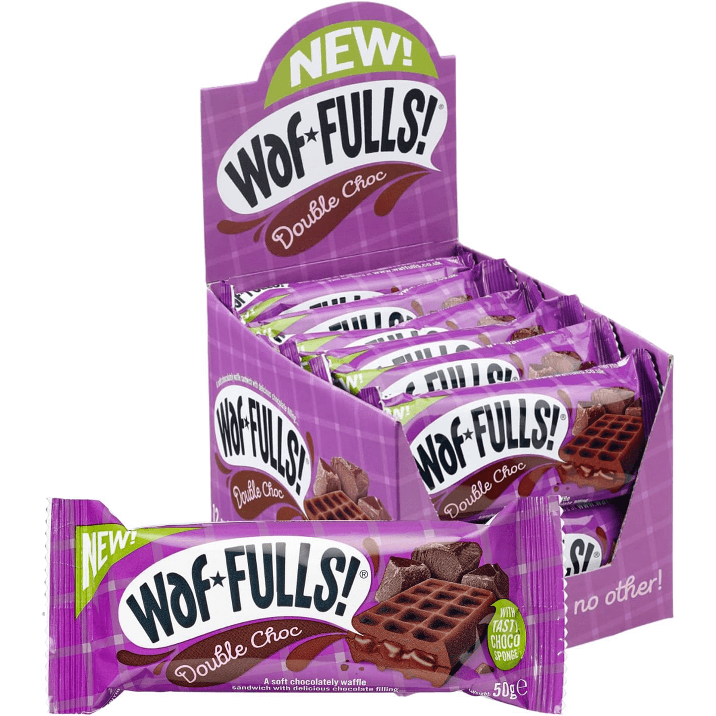 WafFULLS! Gofres de Doble Chocolate, 12 Gofres para Picoteo, Desayuno y Merienda, Barritas Esponjosas de Chocolate, Gofres Envueltos Individualmente Listo para Comer, Caja con 12 Gofres